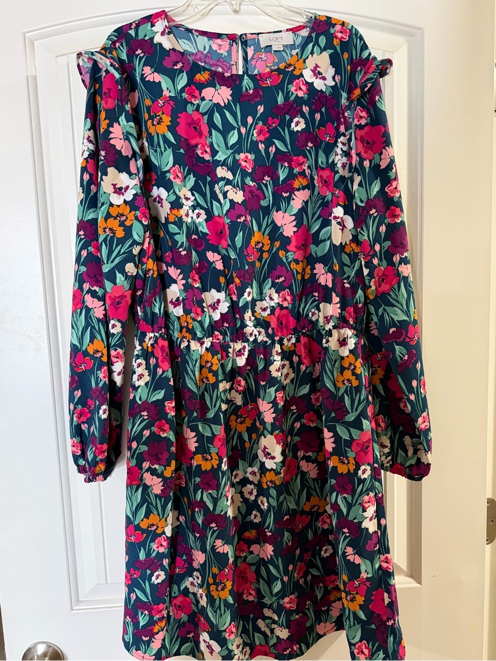 LOFT Teal Floral Long-Sleeve A-Line Dress